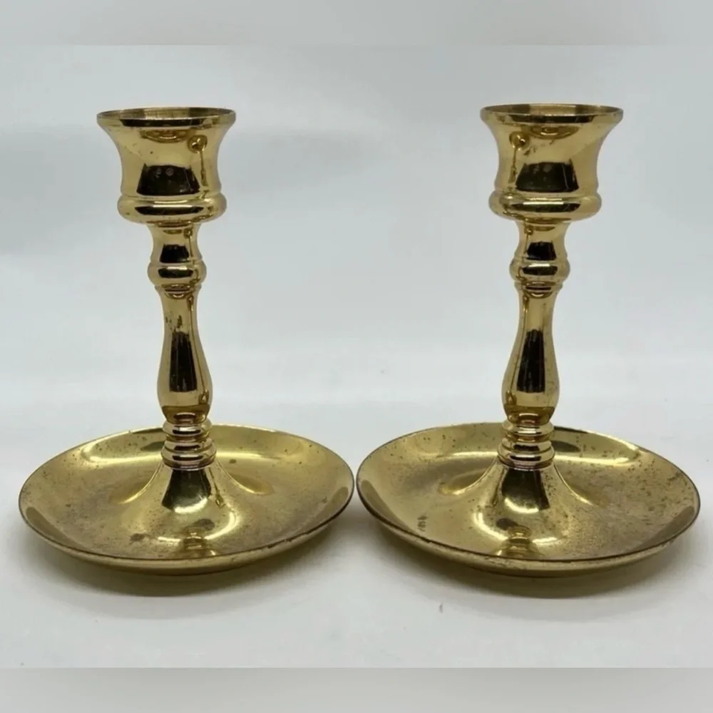 Vintage Pair of Solid Polished Brass Candle Holders Candlesticks